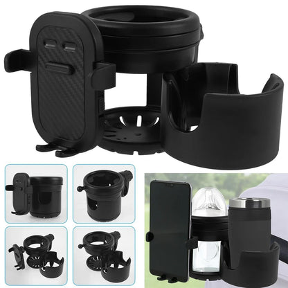 Universal Stroller Cup Holder with 360 Degree Phone Holder Double Hole Organizer Cup Rack