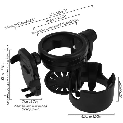 Universal Stroller Cup Holder With 360 Degree Phone Holder Double Hole Organizer Cup Rack 1