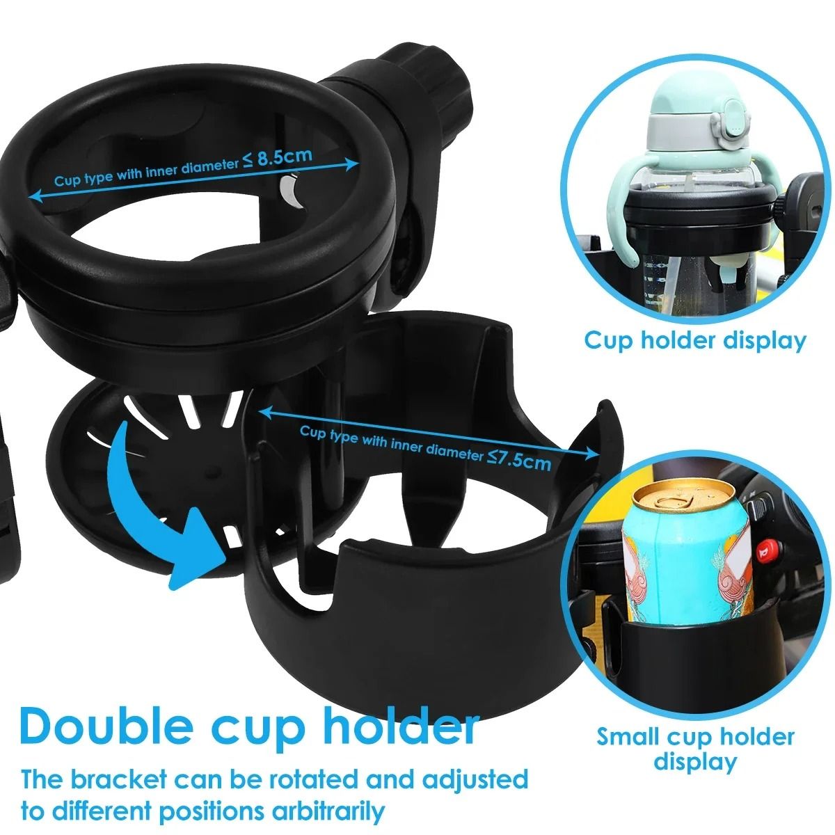 Universal Stroller Cup Holder With 360 Degree Phone Holder Double Hole Organizer Cup Rack 2