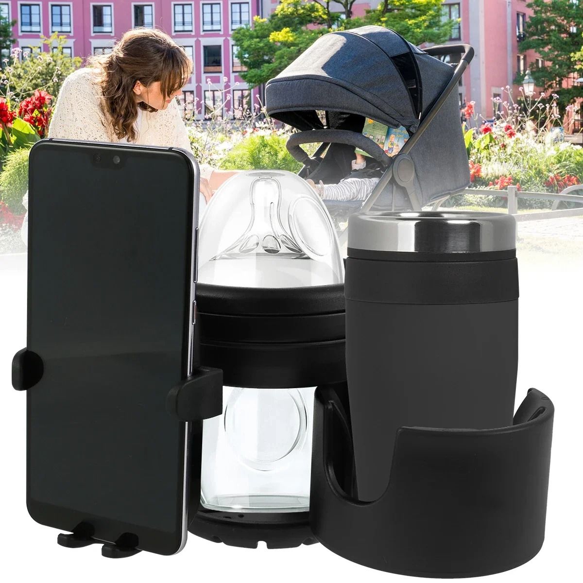 Universal Stroller Cup Holder With 360 Degree Phone Holder Double Hole Organizer Cup Rack 5