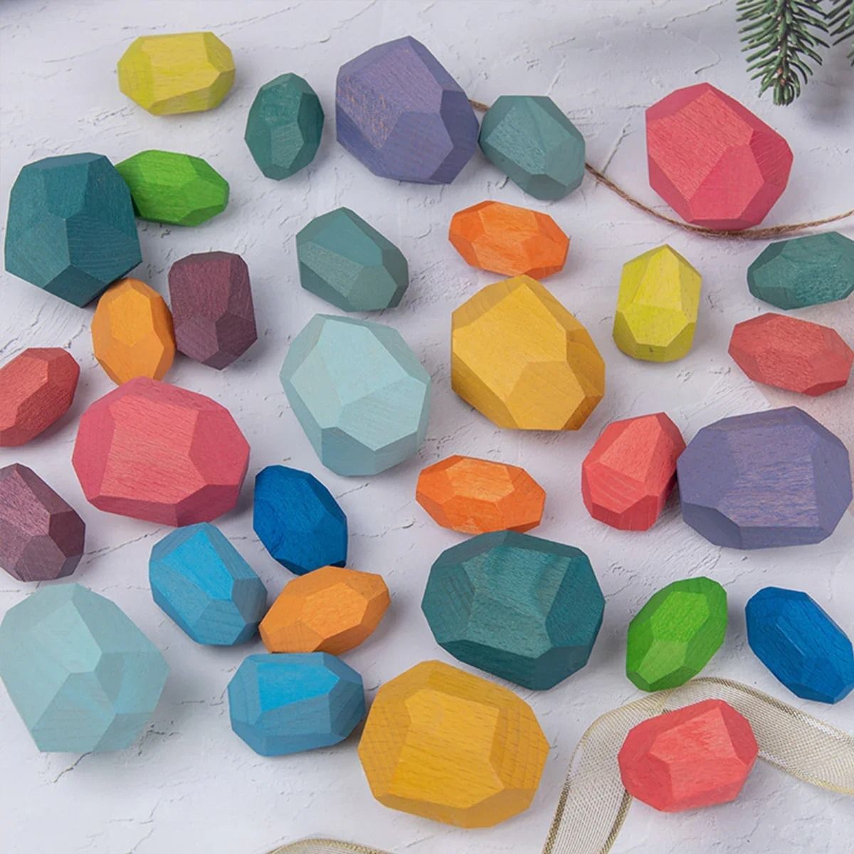 36 Piece Children Wooden Colorful Stone Stacking Building Blocks Balancing Game 1