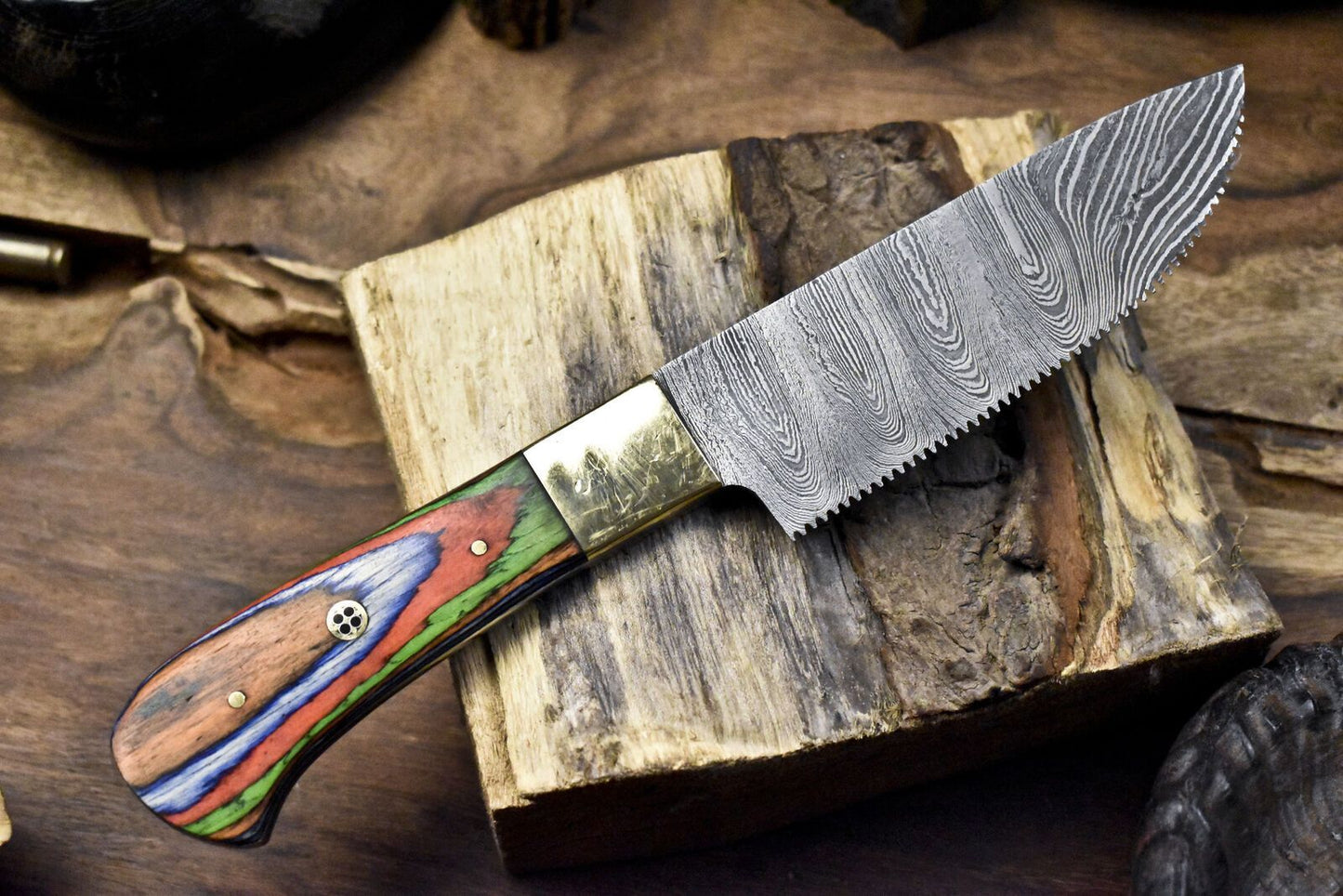 9 Custom Handmade Damascus Chef Knife  Twist Pattern Blade  Brass Bolster  Hardwood Handle 1