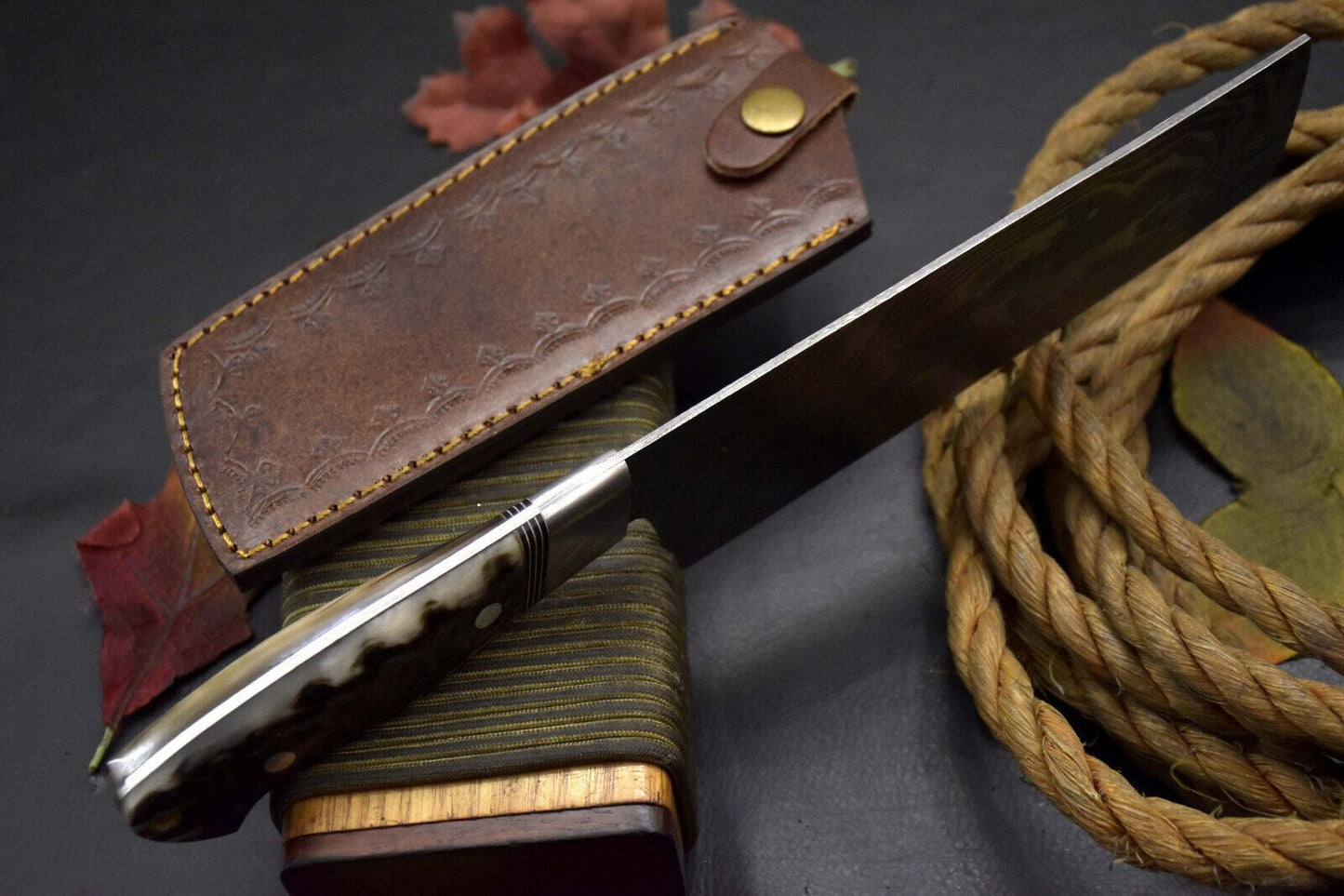 Custom Handmade Damascus Nakiri Chef Knife  Rams Horn Handle  Ladder Pattern Blade 3