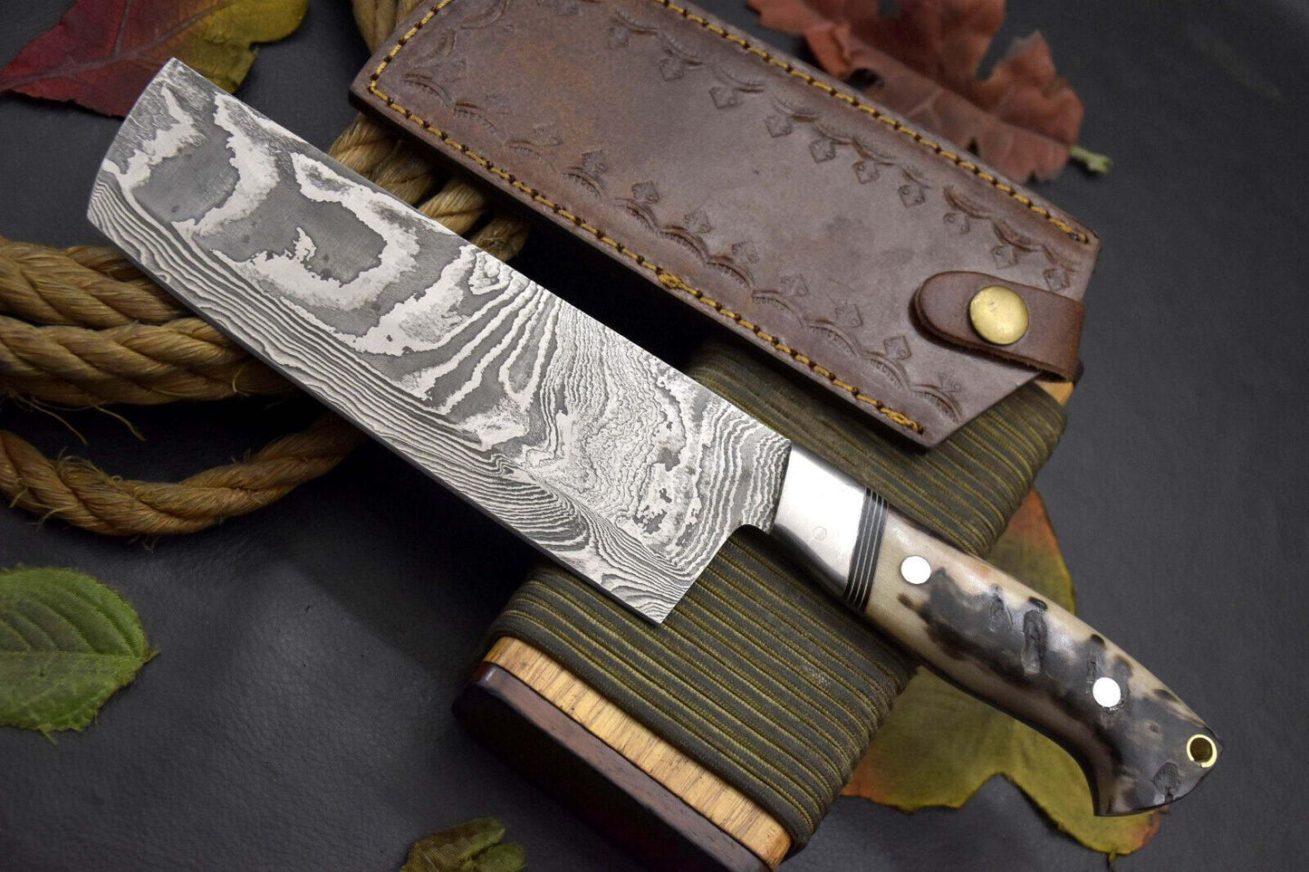 Custom Handmade Damascus Nakiri Chef Knife  Rams Horn Handle  Ladder Pattern Blade 1