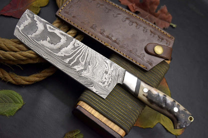Custom Handmade Damascus Nakiri Chef Knife  Rams Horn Handle  Ladder Pattern Blade 1