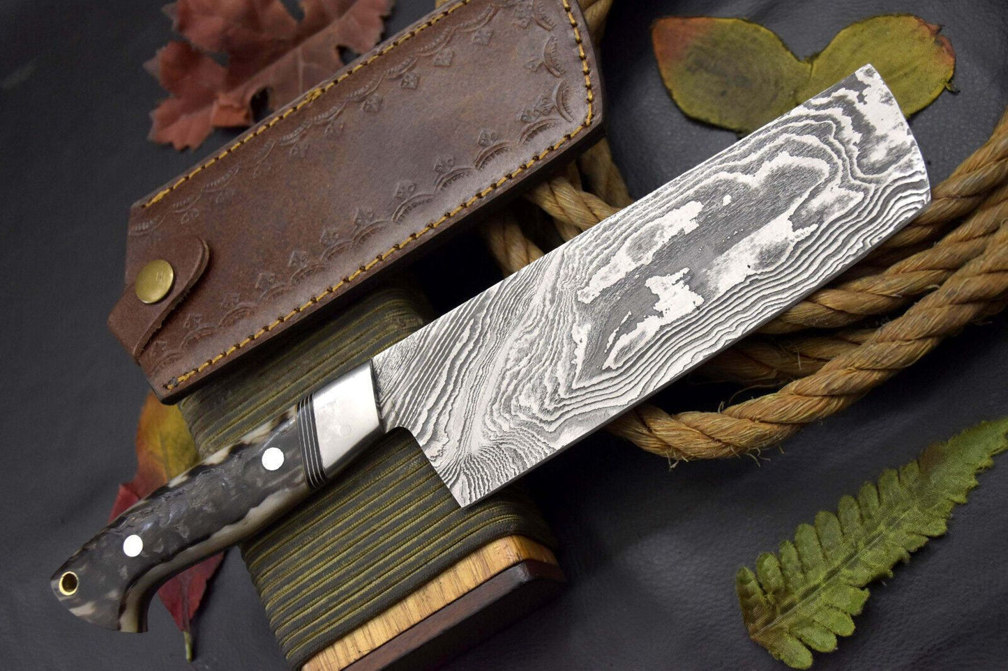 Custom Handmade Damascus Nakiri Chef Knife  Rams Horn Handle  Ladder Pattern Blade 2