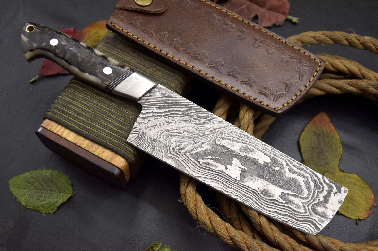 Custom Handmade Damascus Nakiri Chef Knife | Rams Horn Handle | Ladder Pattern Blade
