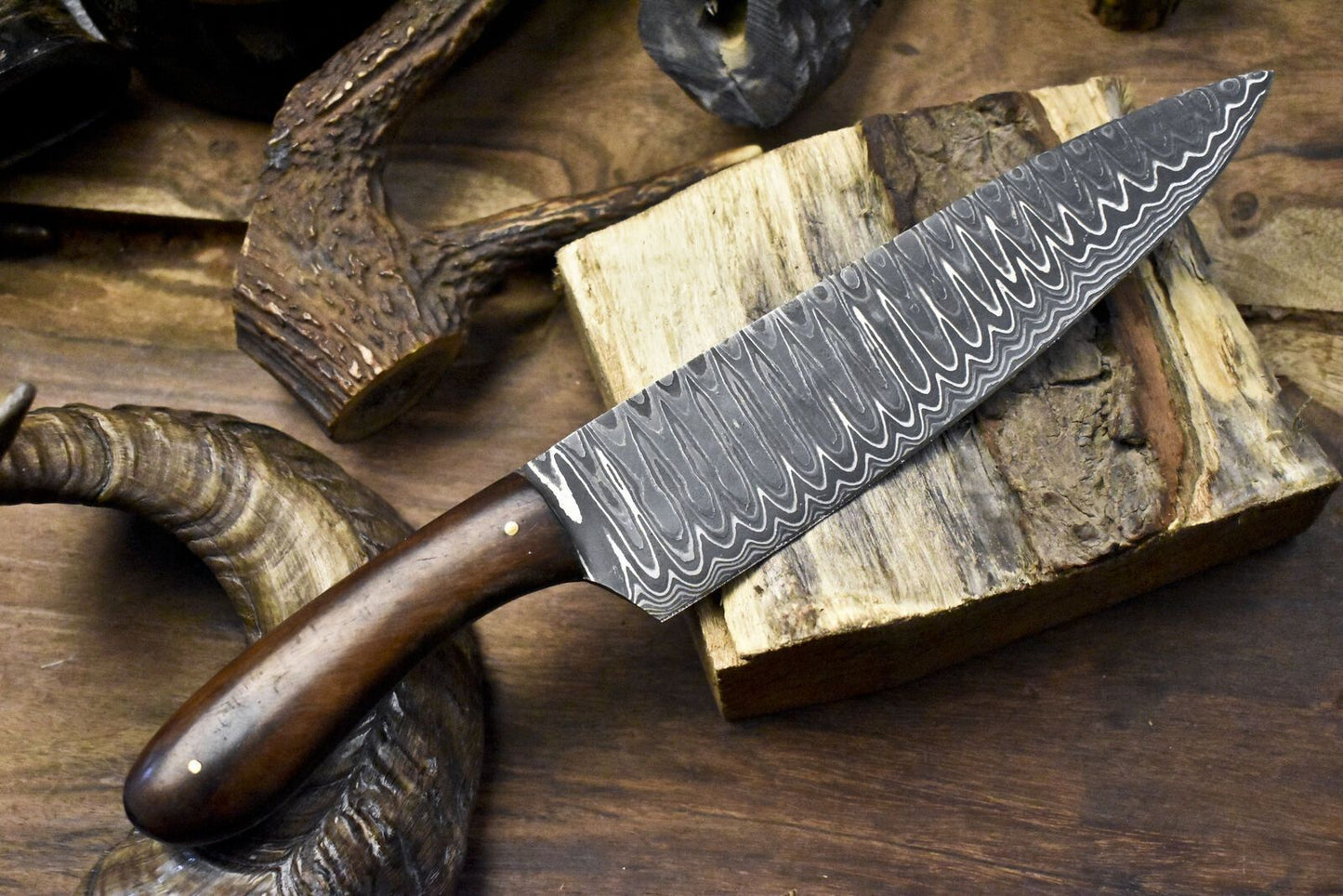 Custom Damascus Steel Chef Knife  Twist Pattern Blade  Hard Wood Handle  Hand Forged Knife 1
