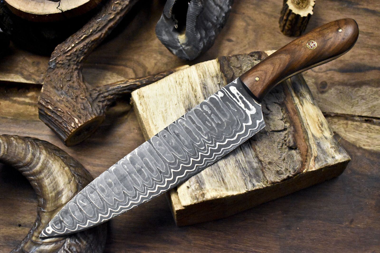 Custom Damascus Steel Chef Knife | Twist Pattern Blade | Hard Wood Handle | Hand Forged Knife