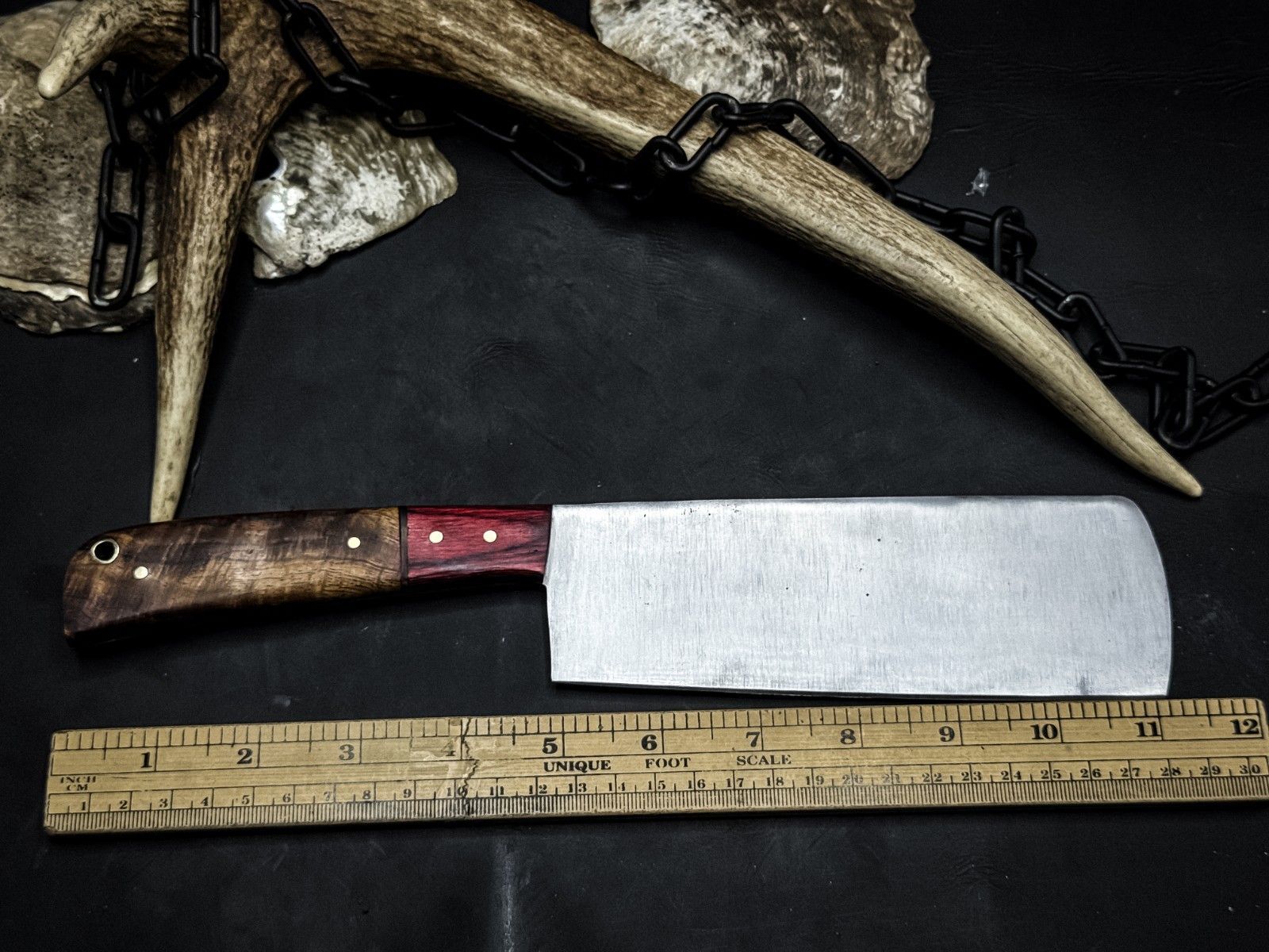Handmade Carbon Steel Cleaver Knife  Wooden Handle  Leather Sheath 1