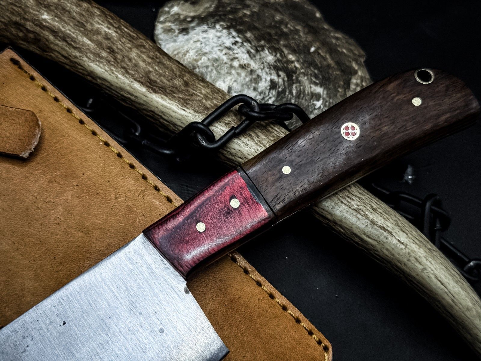 Handmade Carbon Steel Cleaver Knife  Wooden Handle  Leather Sheath 2