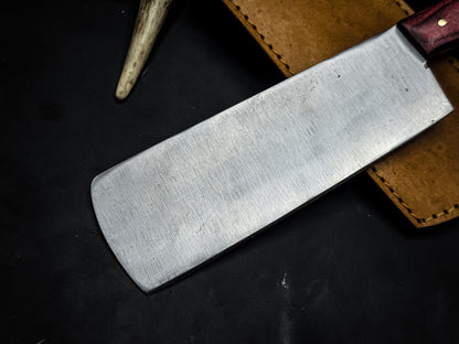 Handmade Carbon Steel Cleaver Knife  Wooden Handle  Leather Sheath 3