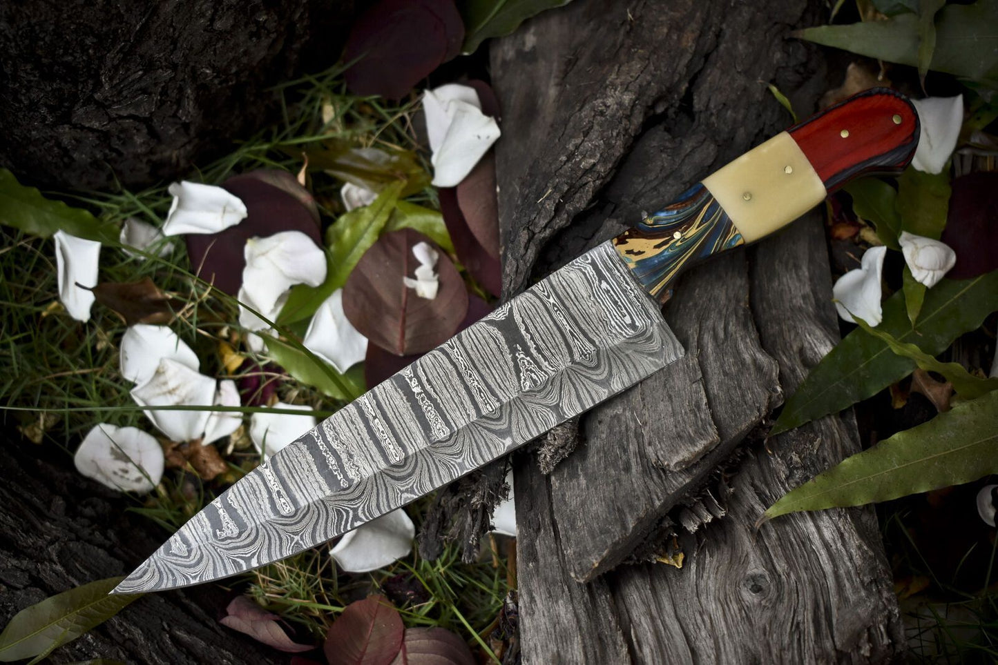 Hand Forged Twist Damascus Chef Knife | Bone & Wood Handle | 13" Kitchen Knife
