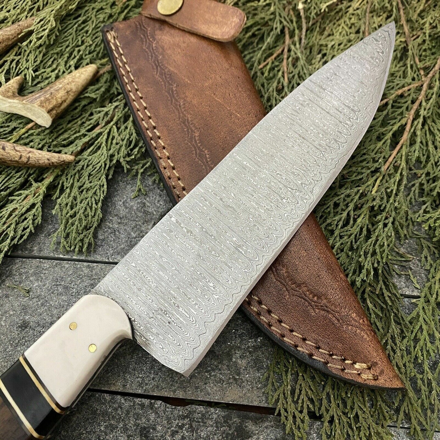 Custom Hand Forged Damascus Steel Chef Knife With Leather Sheath  Wood  Resin Handle 1