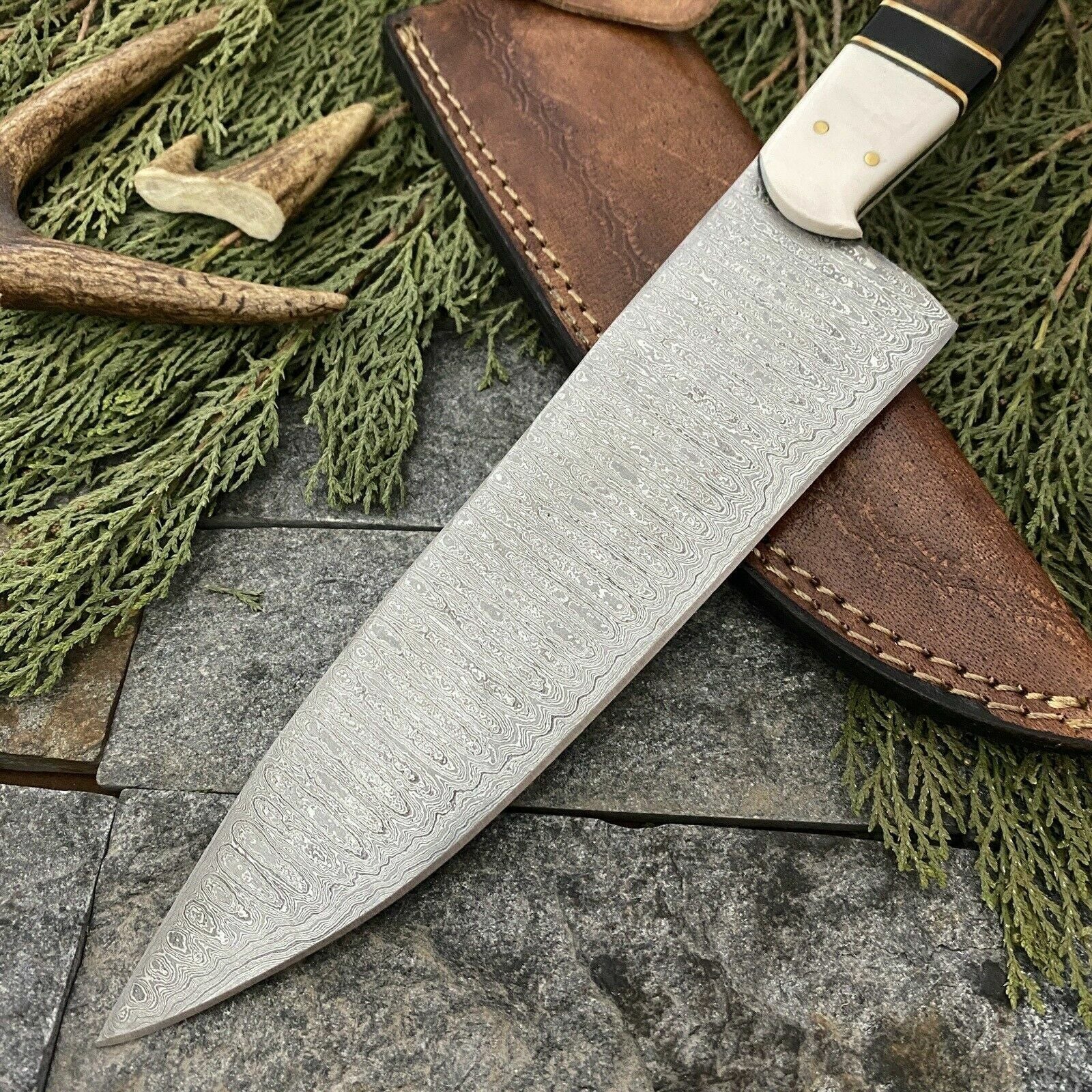 Custom Hand Forged Damascus Steel Chef Knife With Leather Sheath  Wood  Resin Handle 2