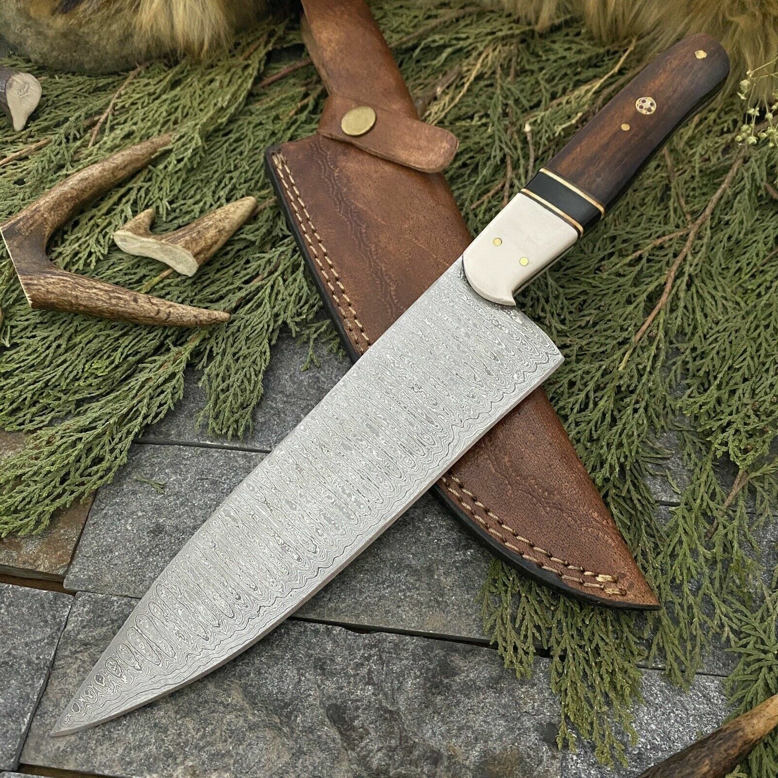 Custom Hand Forged Damascus Steel Chef Knife with Leather Sheath | Wood & Resin Handle