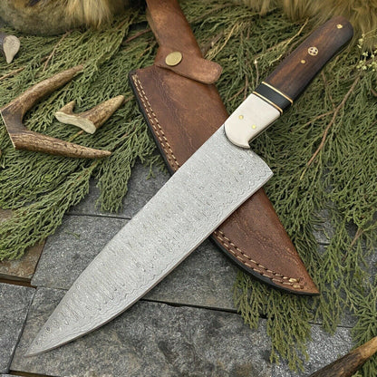 Custom Hand Forged Damascus Steel Chef Knife with Leather Sheath | Wood & Resin Handle