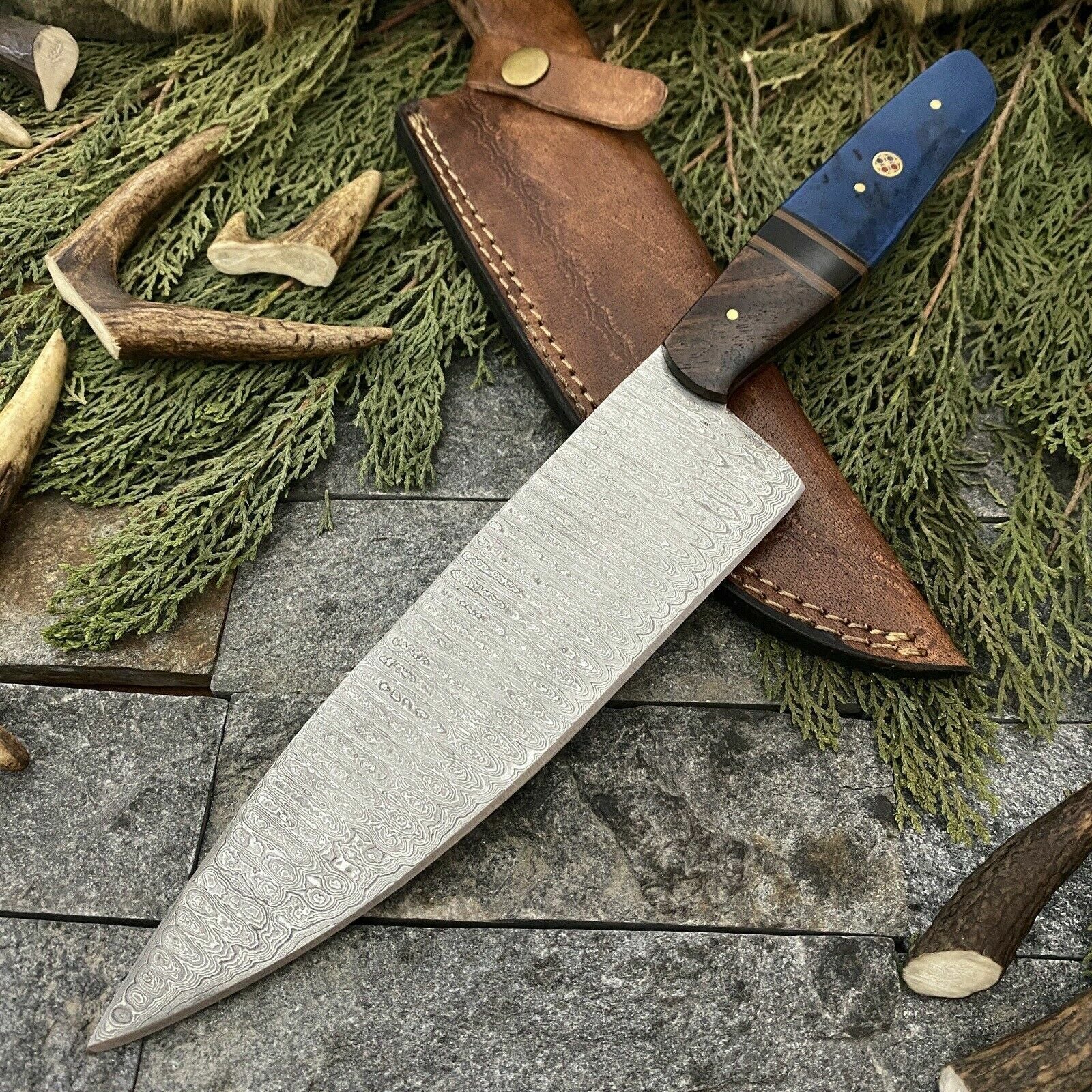 Hand Forged Twist Damascus Chef Knife | Wood & Resin Handle | Hunting Kitchen Knife