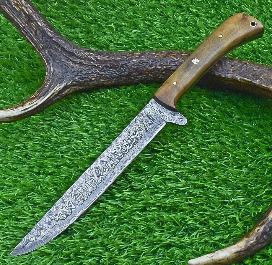 Custom Forged Damascus Chef Knife | Wood Handle Kitchen Knife with Leather Sheath