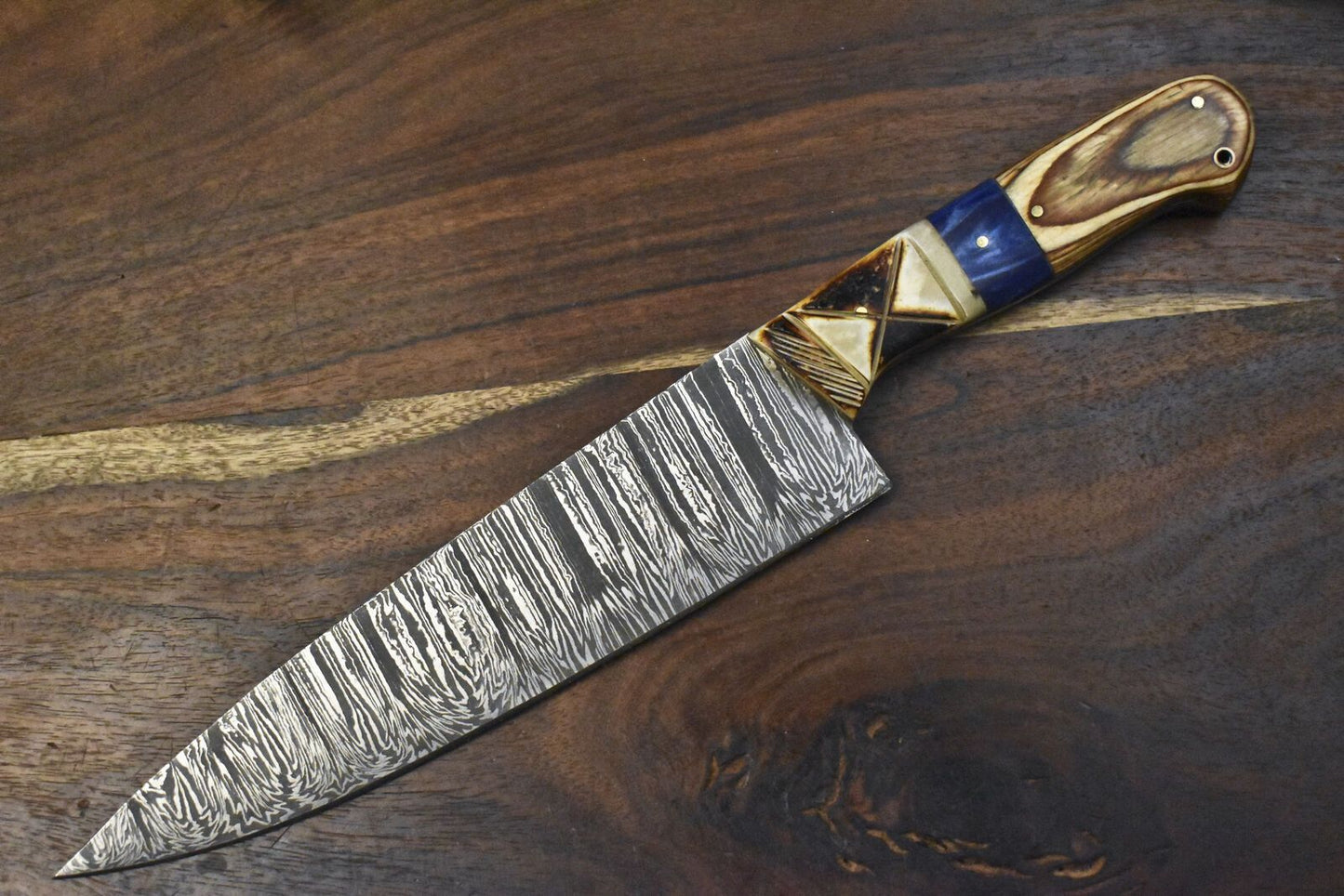 Hand Forged Damascus Steel Chef Knife | Twist Pattern Blade, Hardwood Handle, EDC Gift