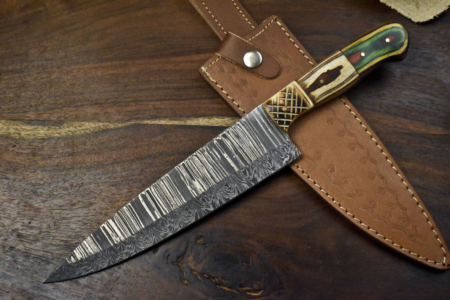 13" Hand Forged Damascus Kitchen Knife | Full Tang Chef Knife with Wood Handle