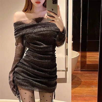Sensual Off Shoulder Strapless Dress, Womens Early Autumn Mesh Slimming Gown, Hip Covering Bodycon Dress