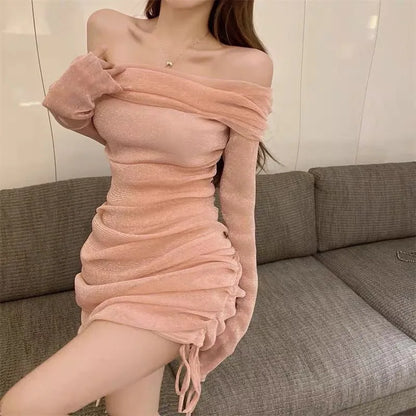 Sensual Off Shoulder Strapless Dress, Womens Early Autumn Mesh Slimming Gown, Hip Covering Bodycon Dress