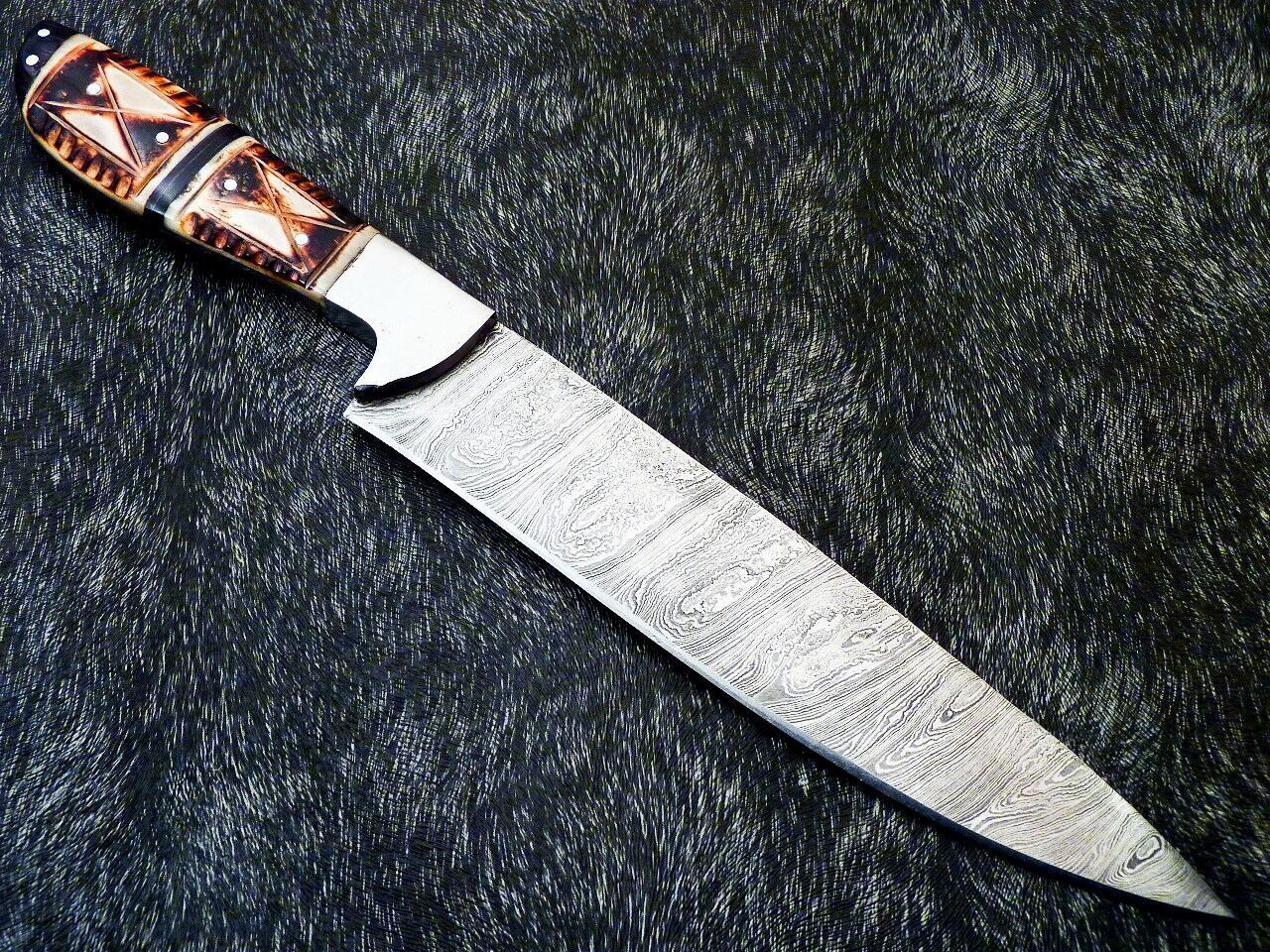 CUSTOM HANDMADE 13 DAMASCUS STEEL CHEF KNIFE  ENGRAVED CAMEL BONE HANDLE 3