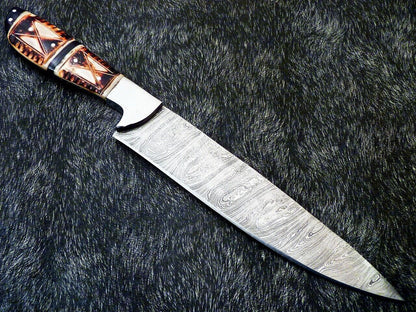 CUSTOM HANDMADE 13 DAMASCUS STEEL CHEF KNIFE  ENGRAVED CAMEL BONE HANDLE 3