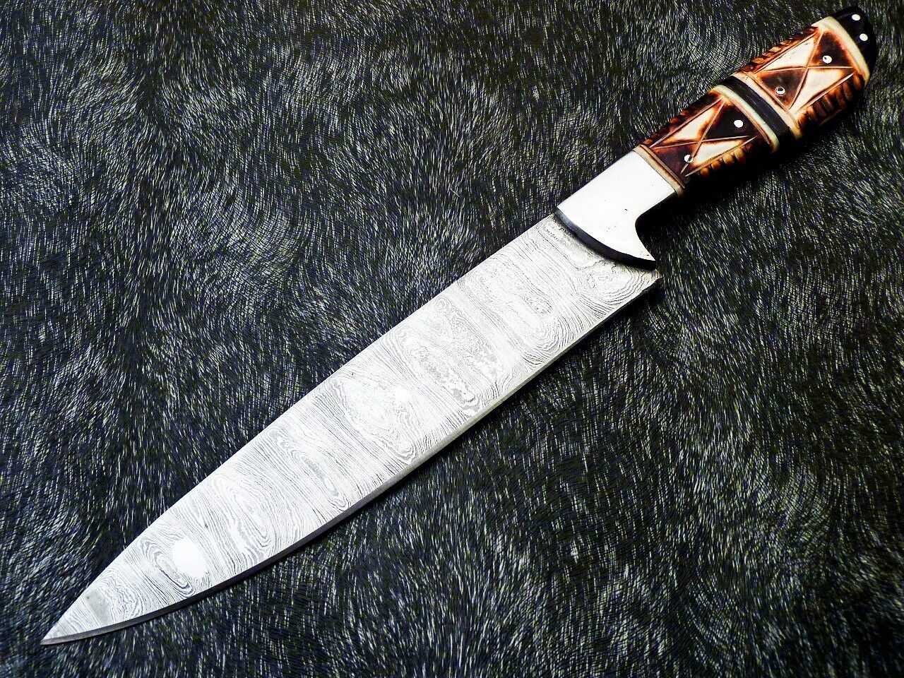 CUSTOM HANDMADE 13 DAMASCUS STEEL CHEF KNIFE  ENGRAVED CAMEL BONE HANDLE 2