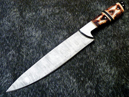 CUSTOM HANDMADE 13 DAMASCUS STEEL CHEF KNIFE  ENGRAVED CAMEL BONE HANDLE 2