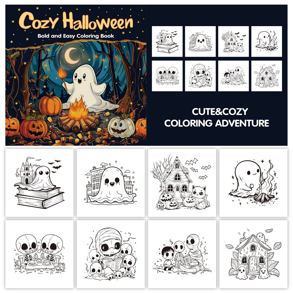 Cozy Halloween Coloring Book for Adults, Bold and Easy Art Therapy for Stress Relief, Creative Fun Gift for Teens
