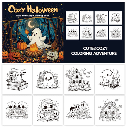 Cozy Halloween Coloring Book for Adults, Bold and Easy Art Therapy for Stress Relief, Creative Fun Gift for Teens