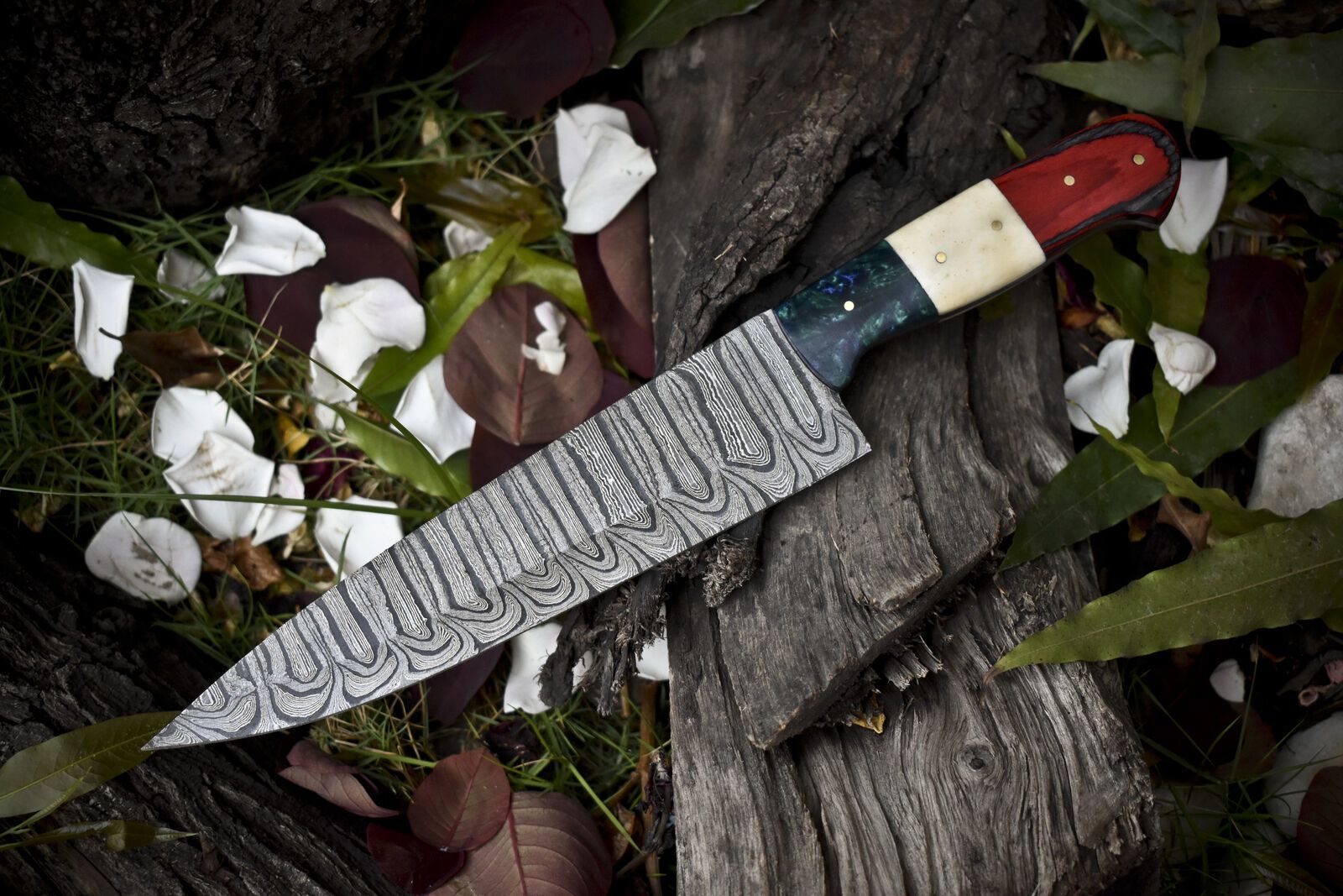 13" Handmade Twist Damascus Chef Knife – Bone & Wood Handle Outdoor Kitchen Knife