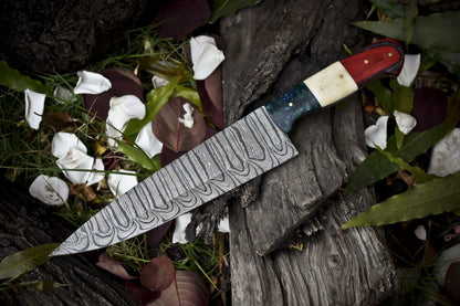 13" Handmade Twist Damascus Chef Knife – Bone & Wood Handle Outdoor Kitchen Knife