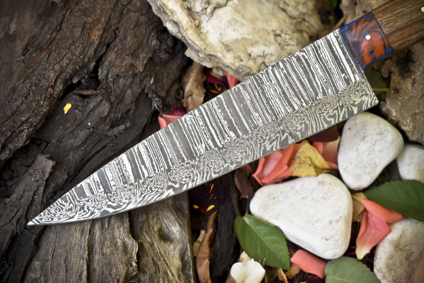 Custom Forged 13 Damascus Steel Chef Knife  Bone And Wood Handle With Micarta Bolster 2