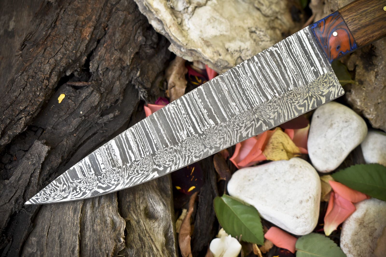 Custom Forged 13 Damascus Steel Chef Knife  Bone And Wood Handle With Micarta Bolster 2