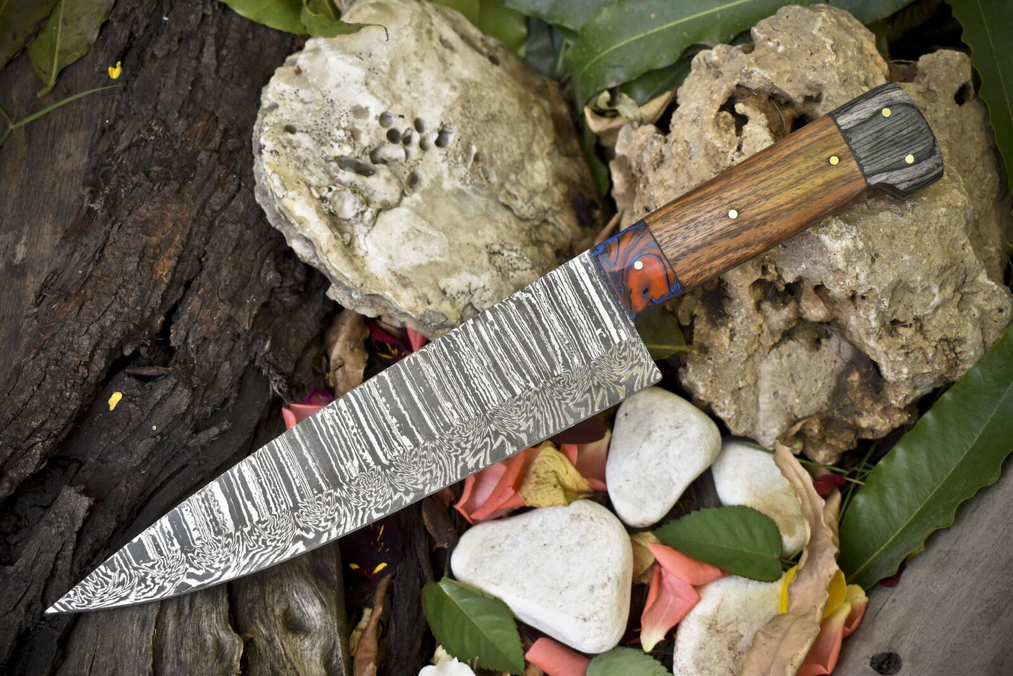 Custom Forged 13" Damascus Steel Chef Knife – Bone and Wood Handle with Micarta Bolster