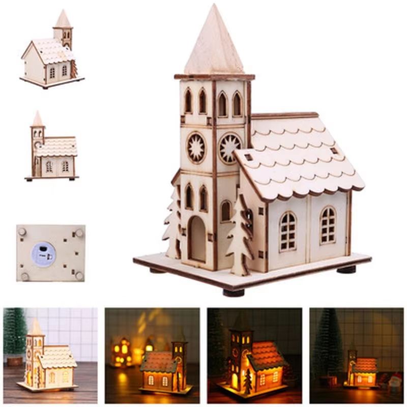 LED Light Wooden House Christmas Tree Decoration – DIY Festival Wooden House for Home & Window Decor
