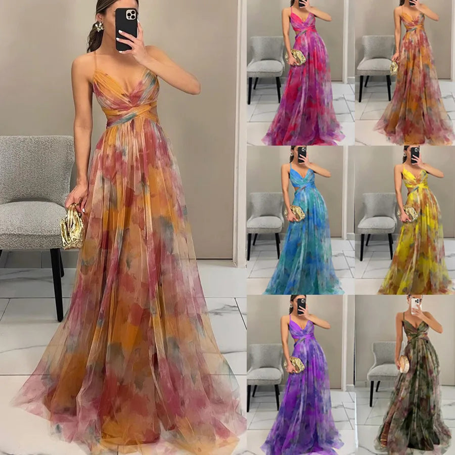 Summer Spring Off-Shoulder Lace Print Halter Dress Casual Party Holiday Dress V-Neck Floor-Length Polyester Fiber Dress