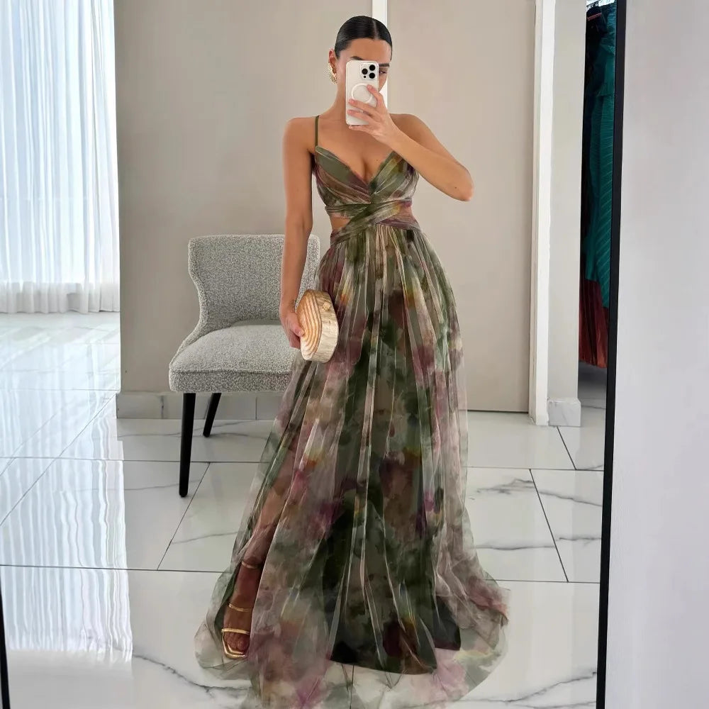 Summer Spring Off-Shoulder Lace Print Halter Dress Casual Party Holiday Dress V-Neck Floor-Length Polyester Fiber Dress