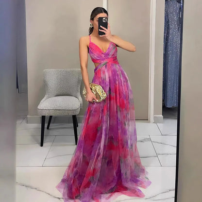 Summer Spring Off-Shoulder Lace Print Halter Dress Casual Party Holiday Dress V-Neck Floor-Length Polyester Fiber Dress