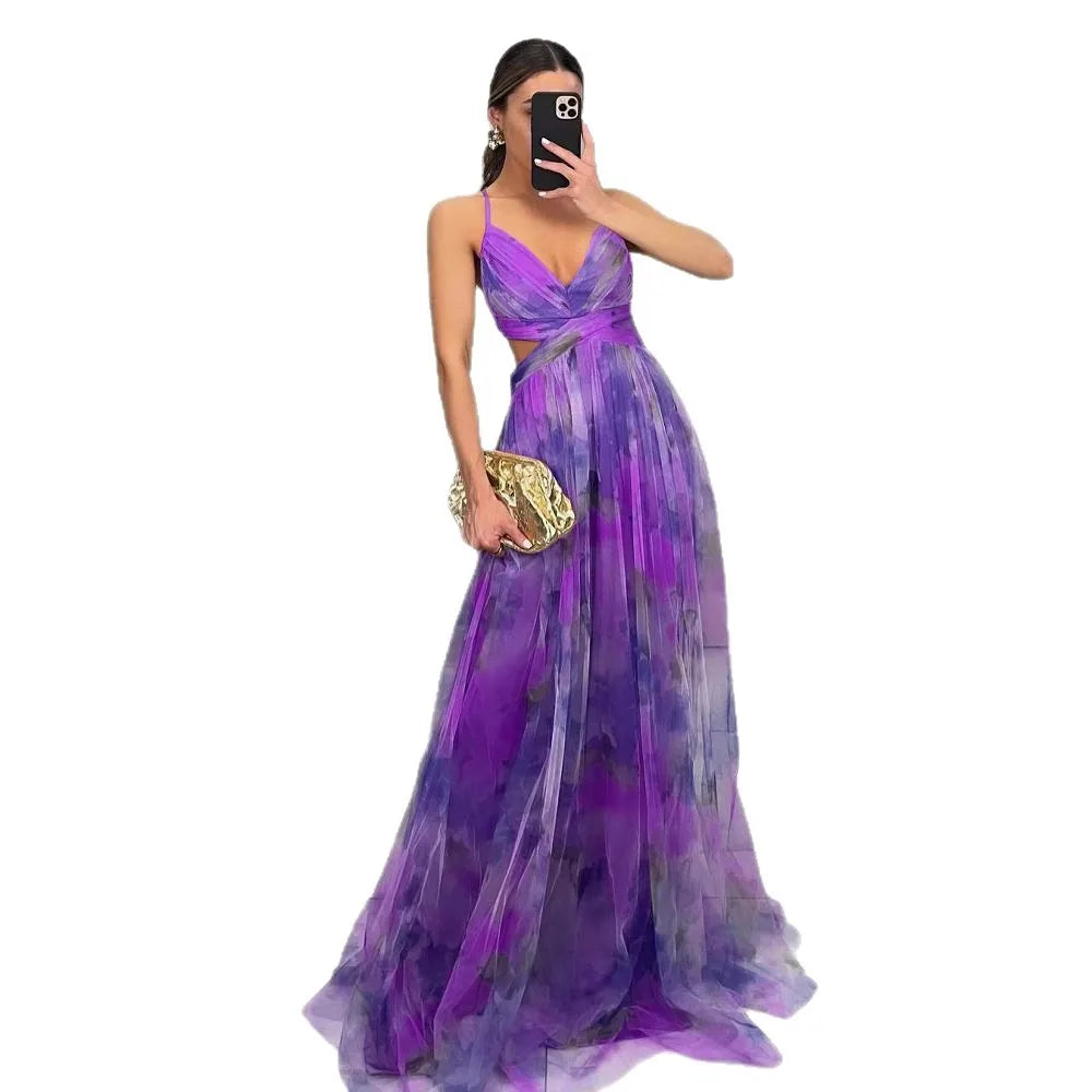 Summer Spring Off-Shoulder Lace Print Halter Dress Casual Party Holiday Dress V-Neck Floor-Length Polyester Fiber Dress