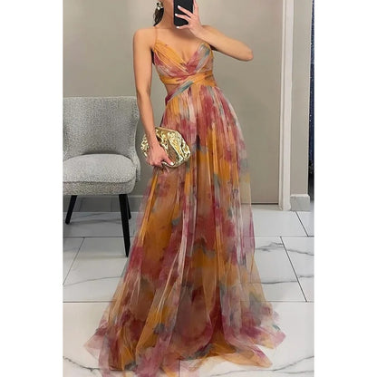 Summer Spring Off-Shoulder Lace Print Halter Dress Casual Party Holiday Dress V-Neck Floor-Length Polyester Fiber Dress
