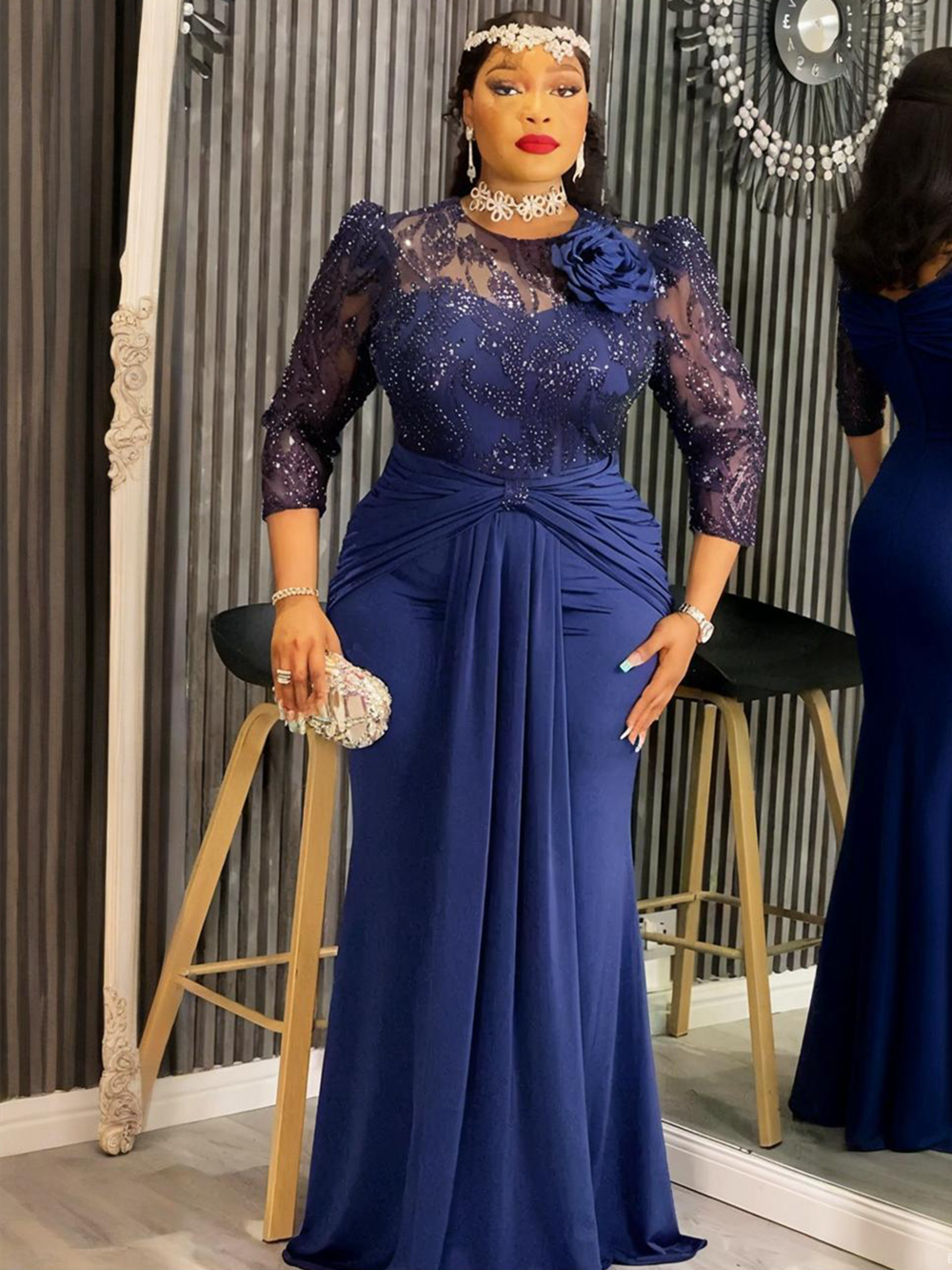Elegant Dashiki Sequin Party Dress, Sexy Bodycon Long Gown, for Muslim Wedding and Evening Events