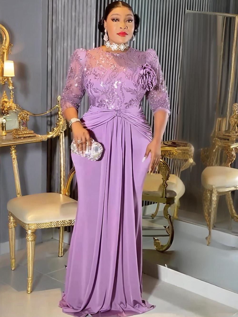 Elegant Dashiki Sequin Party Dress, Sexy Bodycon Long Gown, for Muslim Wedding and Evening Events