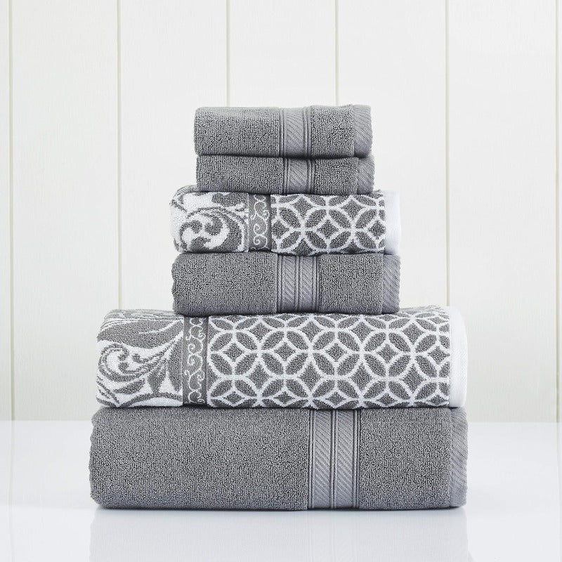 Modern Threads Reversible Jacquard Towel Set, 6 Piece Bath Towels and Hand Towels, Trefoil Filigree Design, Yarn Dyed