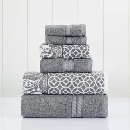 Modern Threads Reversible Jacquard Towel Set, 6 Piece Bath Towels and Hand Towels, Trefoil Filigree Design, Yarn Dyed