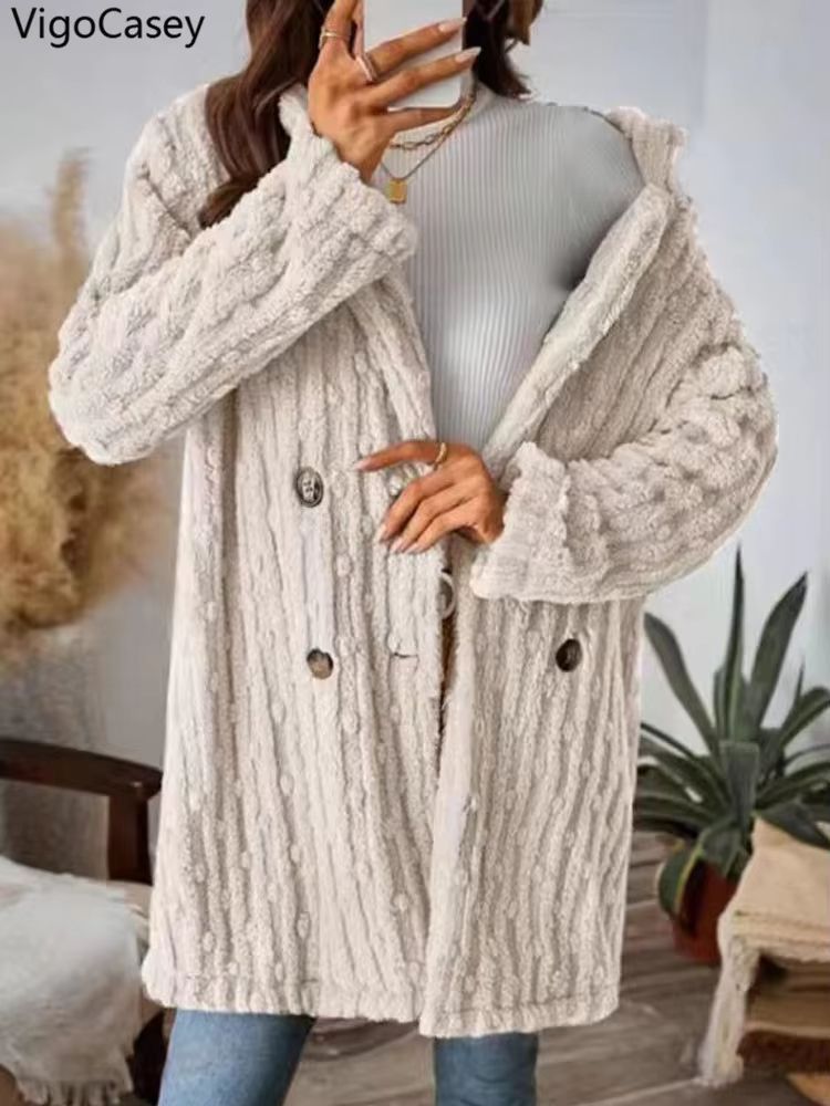 VigoCasey 2025 Womens DoubleBreasted Apricot Jacket  Plush Warm Coat With Turndown Collar For Autum 1