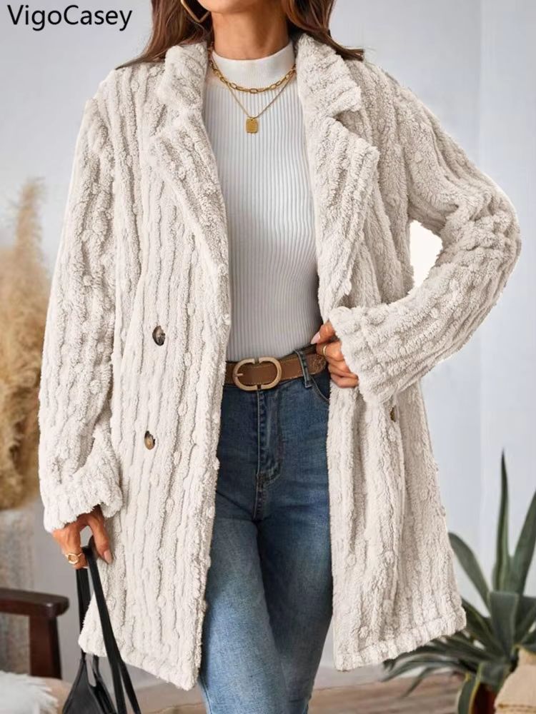 VigoCasey 2025 Womens DoubleBreasted Apricot Jacket  Plush Warm Coat With Turndown Collar For Autum 2